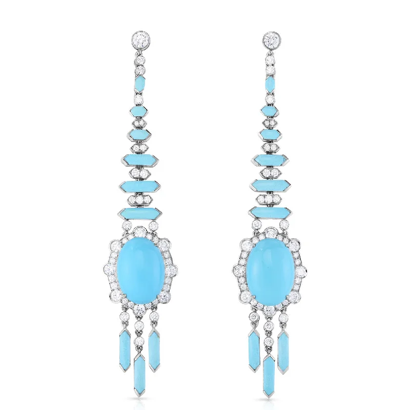 women’s crystal earrings-Platinum Turquoise and Diamond Drop Earrings