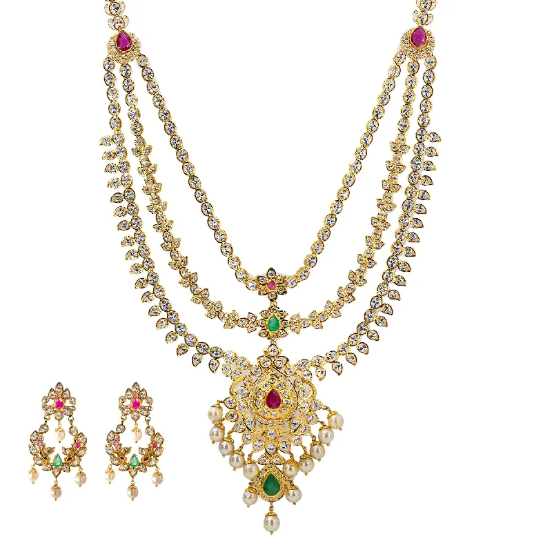 women’s heart-shaped necklaces-22K Yellow Gold Chandelier Necklace & Earrings Set W/ Emeralds, Rubies, Pachi CZ & Pearls