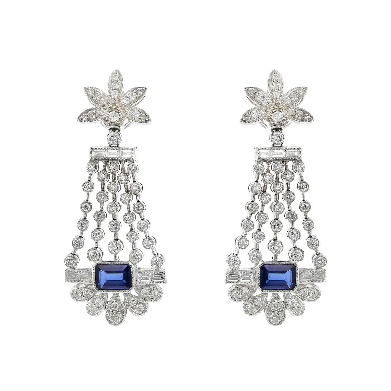 women’s simple stud earrings-Platinum Diamond and Emerald-cut Sapphire Drop Earrings