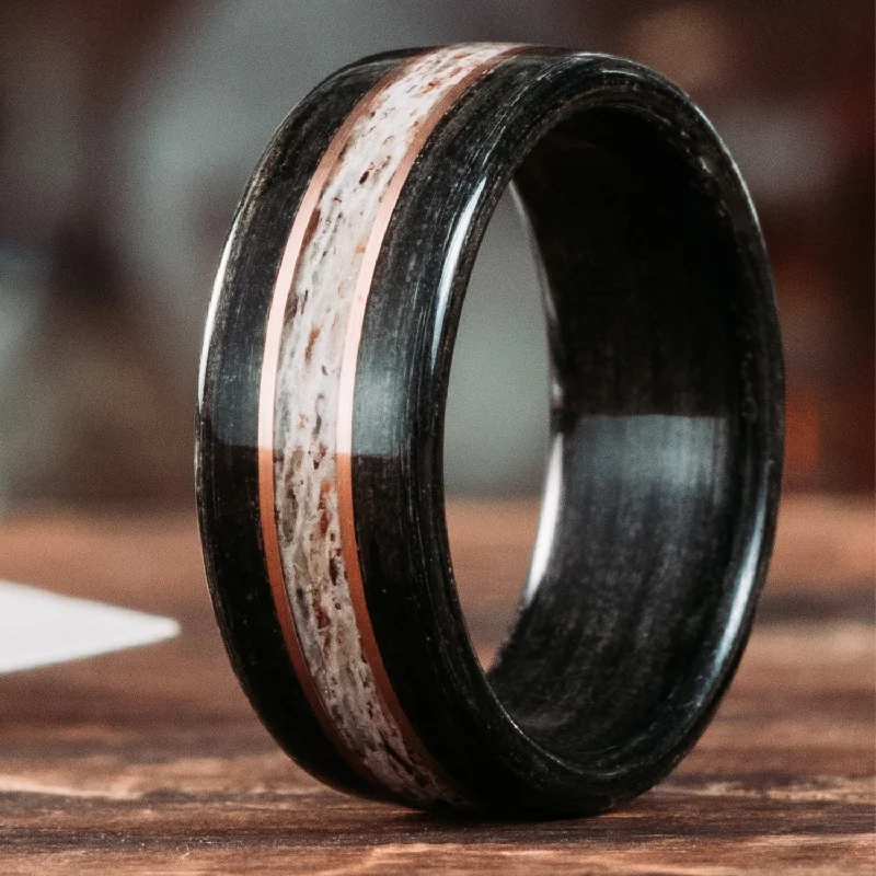 women’s anniversary engagement rings-The Frontiersman | Men's Whiskey Barrel & Elk Antler Wedding Band with Dual Metal Inlays