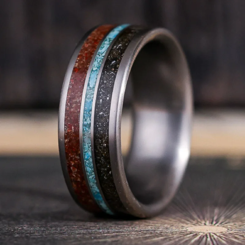 women’s bold engagement rings-The Solstice | Men's Titanium Wedding Band with Dinosaur Bone, Meteorite & Natural Turquoise