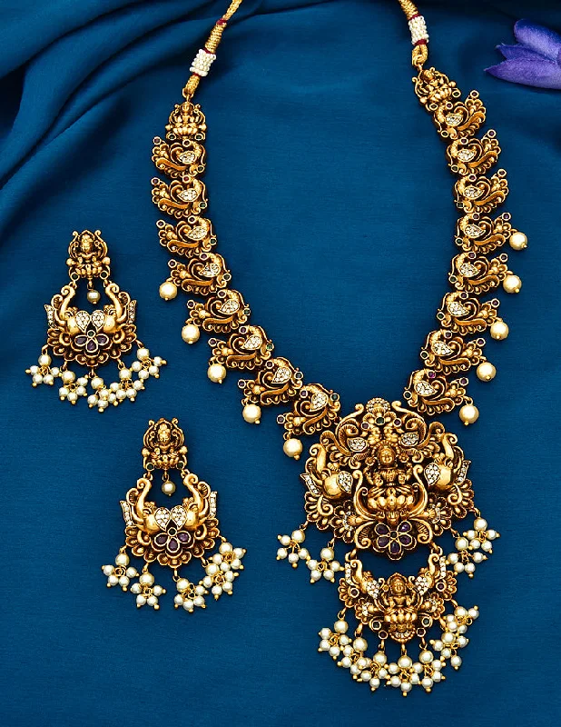 women’s casual necklaces-Antique Lakshmi Devi Long Necklace Set