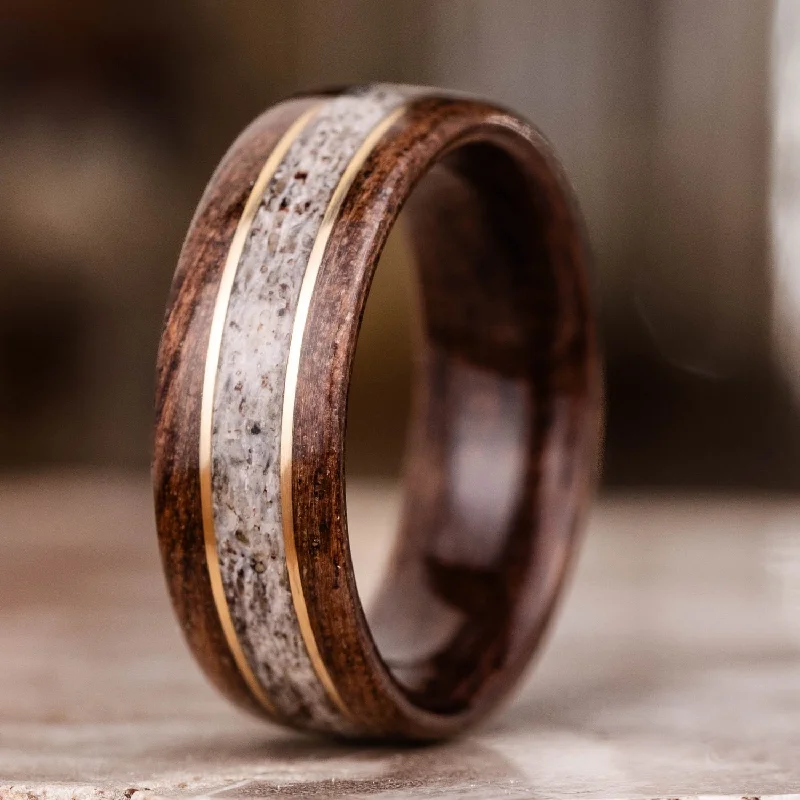 women’s three-stone diamond engagement rings-The Stag | Men's Antique Walnut Wood & Elk Antler Wedding Band with Dual Metal Inlays