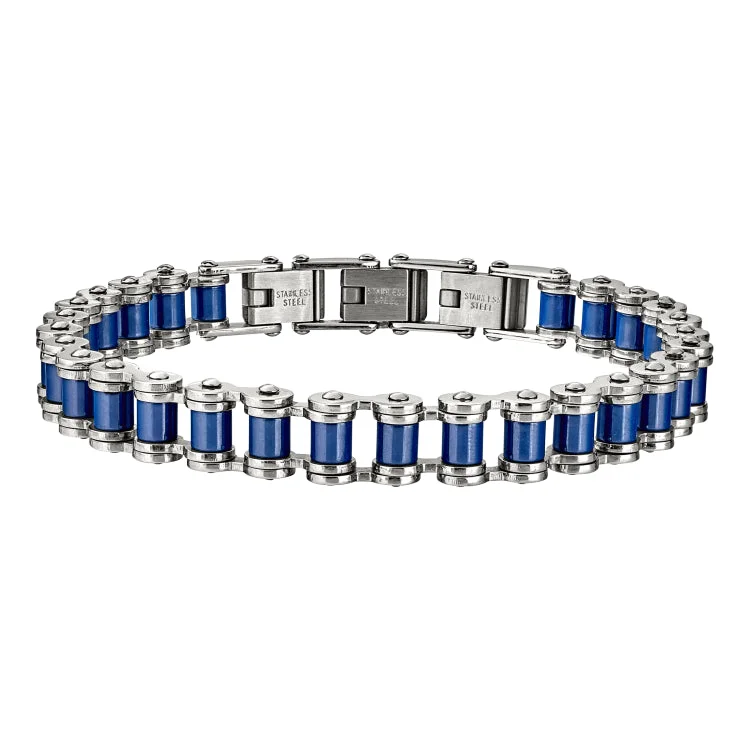 women’s emerald bracelets-Blue And Silver Stainless Steel Biker Chain Bracelet