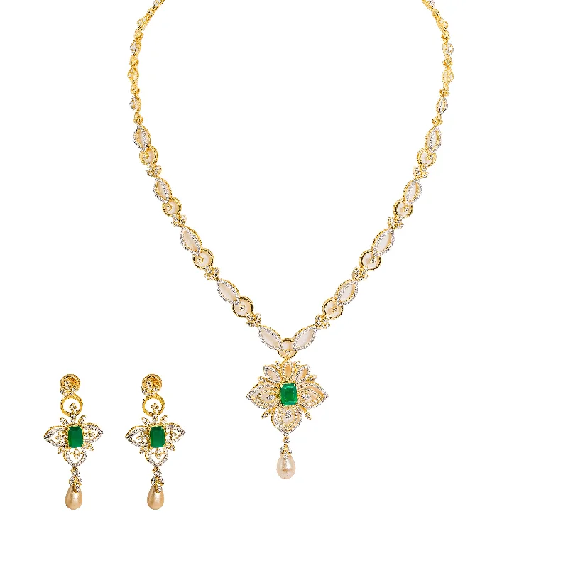 women’s gemstone pendant necklaces-18K  Multi Tone Gold Diamond Necklace & Earrings Set W/ VVS Diamonds, Rubies, Emeralds, Pearls & Lotus Flower Pendant