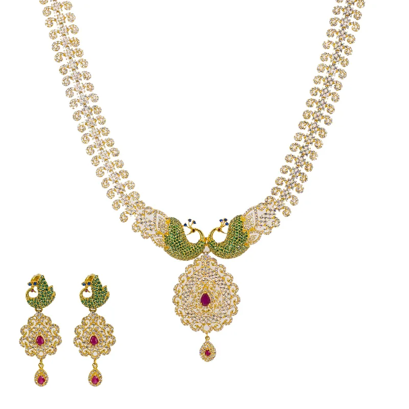 women’s layered diamond necklaces-22K Yellow Gold Long Necklace & Earrings Set W/ Rubies, Multi-colored CZ & Encrusted Peacock Accents