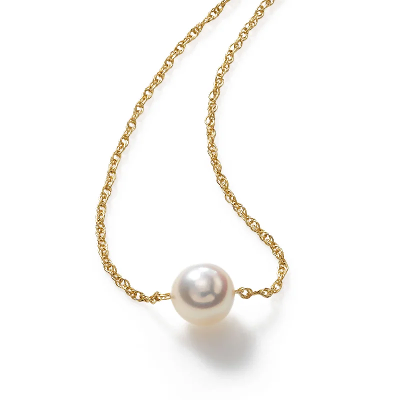 women’s antique necklaces-Pearl By Pearl Starter Necklace, Single Akoya 5.5MM Pearl, 16 Inches, 14K YG