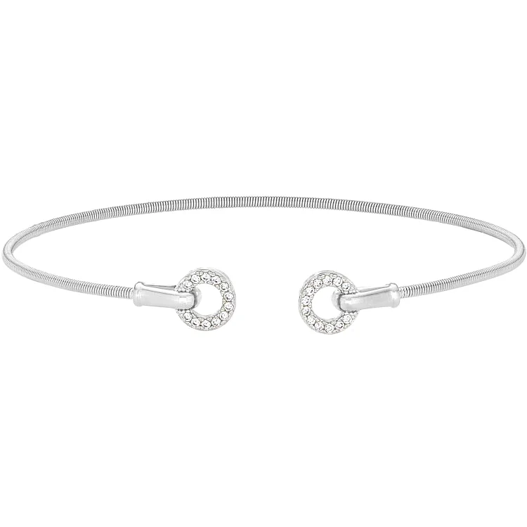 women’s adjustable bracelets-Rhodium Finish Sterling Silver Cable Cuff Bracelet with Simulated Diamond Open Circles