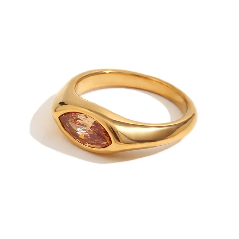 Horse Eye Zircon Seal Ring - Gold Champagne-6