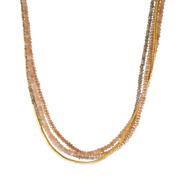 women’s timeless necklaces-Multi-Strand Peach Moonstone, Smoky Quartz, and Pearl Necklace, 24 Karat Vermeil