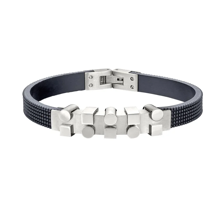 women’s custom bracelets-Stainless Steel Geometric Bracelet W/Rubber