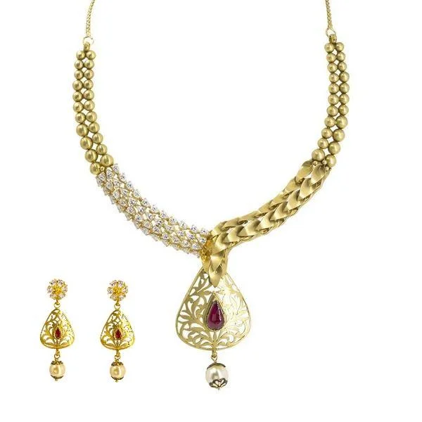 women’s luxury gold necklaces-22K Yellow Gold Necklace & Earrings Set W/ Ruby, Pearl & CZ on Detailed Collar & Cutout Pear Pendant