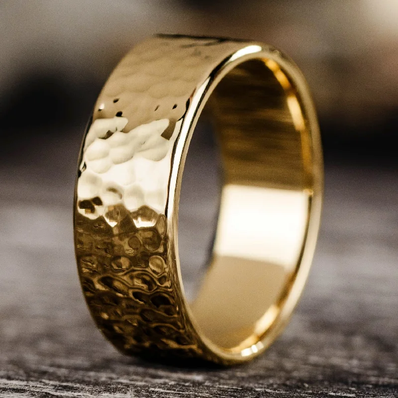 women’s gold engagement rings-The Marsh | 7mm & 8mm Men's Hammered Yellow Gold Wedding Band