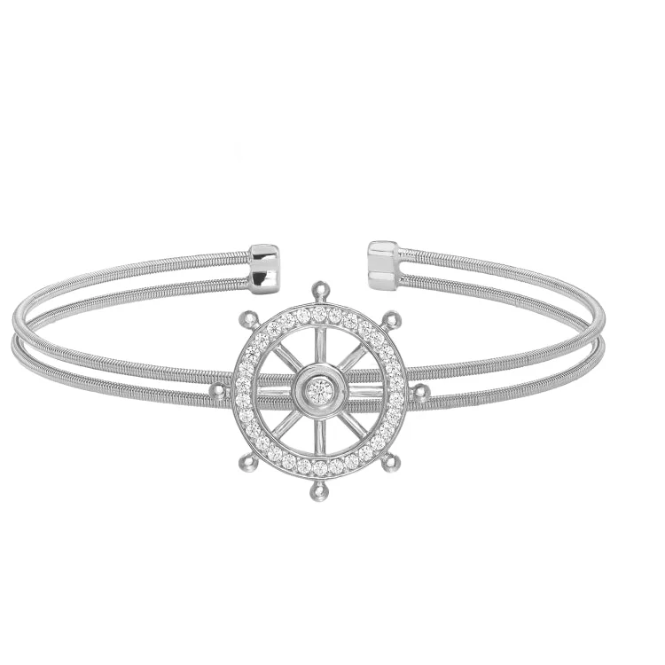 women’s chic bracelets-Rhodium Finish Sterling Silver Two Cable Ships Wheel Cuff Bracelet Bracelet with Simulated Diamonds