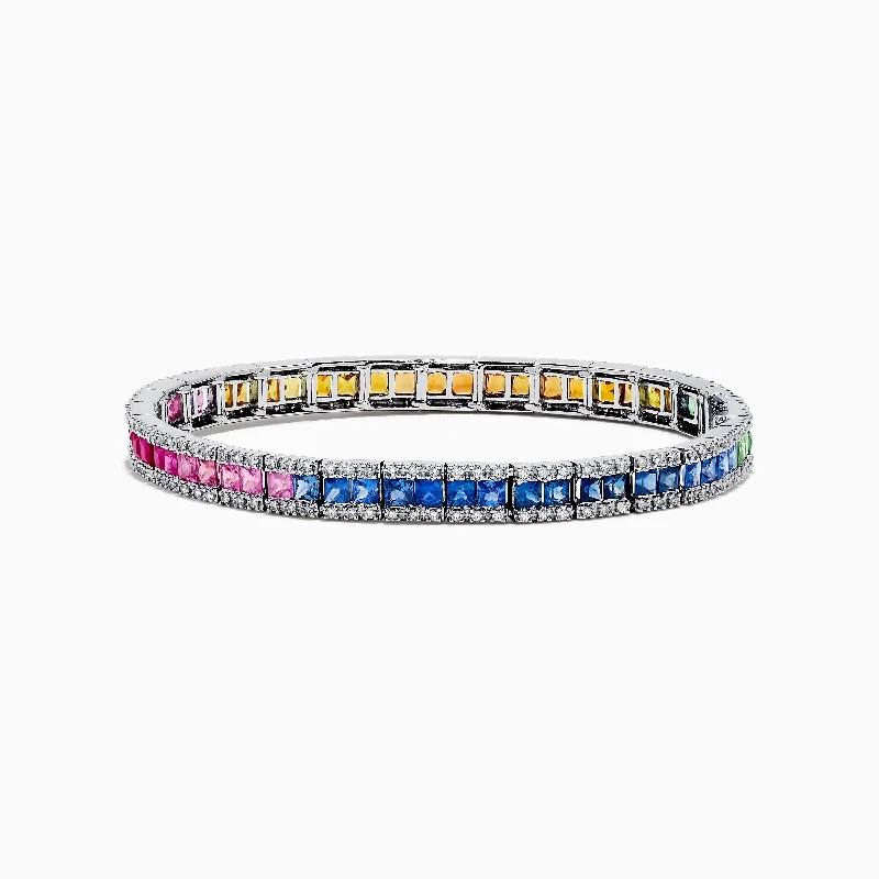 women’s custom charm bracelets-Watercolors 14K White Gold Multi Sapphire & Diamond Bracelet, 9.16 TCW