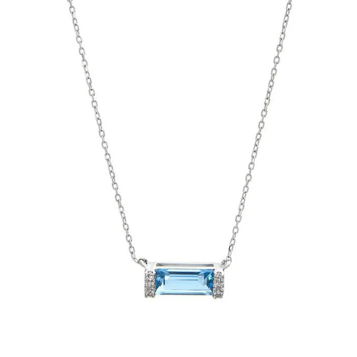 women’s moon necklaces-Blue Topaz and Diamond Bar Necklace, 14K White Gold