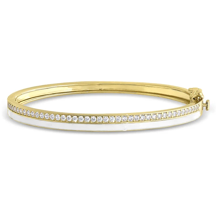 women’s round bracelets-Gold Vermeil Sterling Silver Micropave Hinged Bangle Bracelet with with White Enamel and Simulated Diamonds