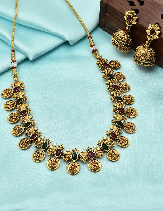 women’s nature-inspired necklaces-Antique Lakshmi Devi Kempu Necklace Set