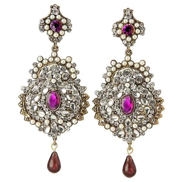 women’s gold hoop earrings-Kriaa Purple Austrian Stone Pearl Dangler Earrings - 1301007