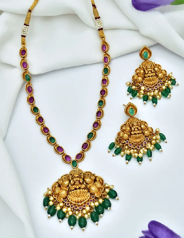 women’s celestial necklaces-Antique Lakshmi Devi Pattern Necklace Set