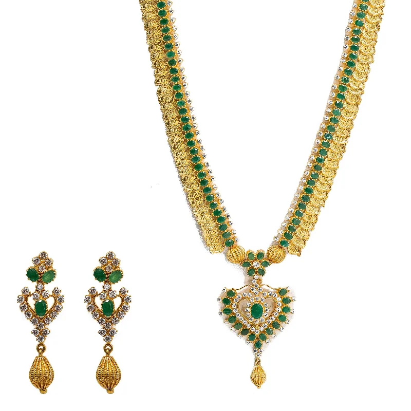 women’s geometric necklaces-22K Yellow Gold Necklace & Earrings Set W/ Emeralds, CZ Gems & Large Heart Pendants