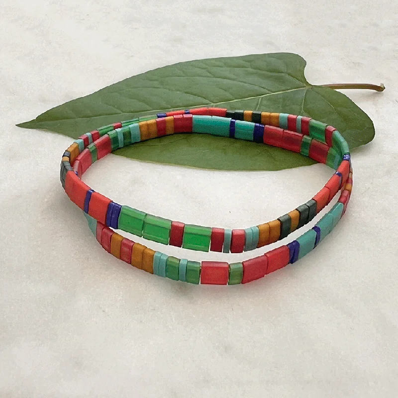 women’s bangle sets-Glass Tile Bead Bracelet Set - Red Multi, Guatemala