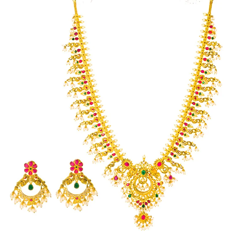 women’s delicate gold necklaces-22K Yellow Gold Guttapusalu Necklace and Earrings Set W/ Emeralds, Pearls, CZ, Rubies & Peacock Accents