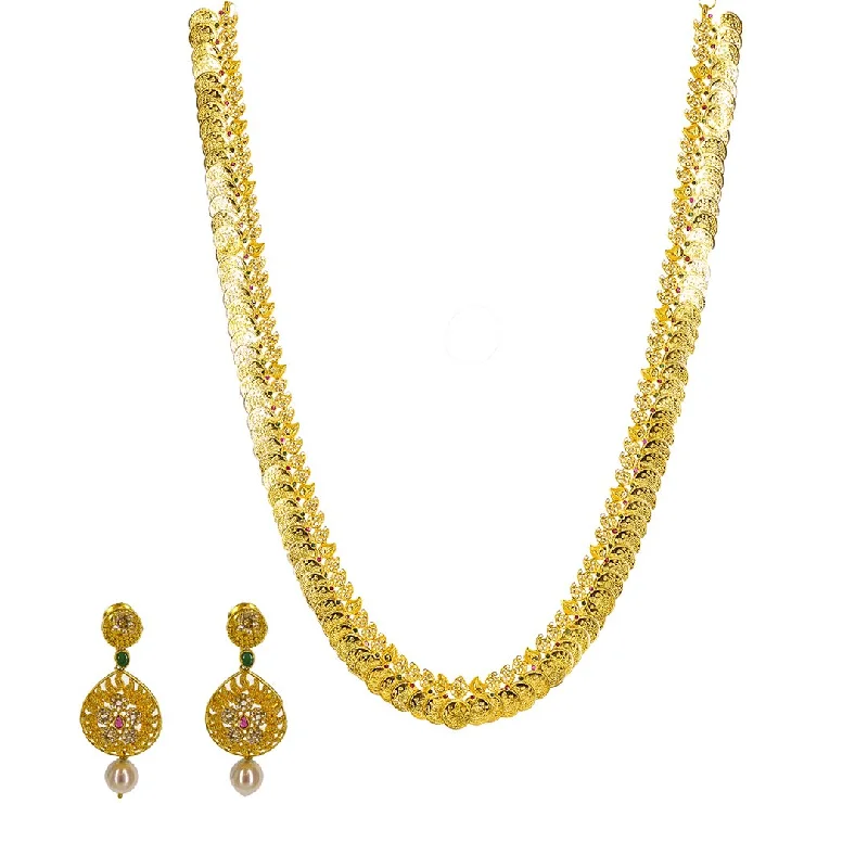 women’s pearl necklaces-22K Yellow Gold Uncut Diamond Laxmi Necklace Set W/ 9.13ct Uncut Diamonds, Rubies, Emeralds, Pearls & Laxmi Kasu