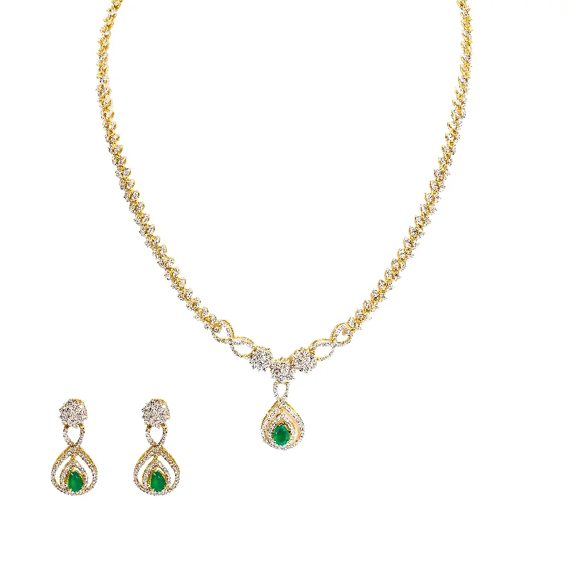 women’s vintage necklaces-18K  Multi Tone Gold Diamond Necklace & Earrings Set W/ VVS Diamonds, Emeralds, Rubies & Leaf Vine Detail