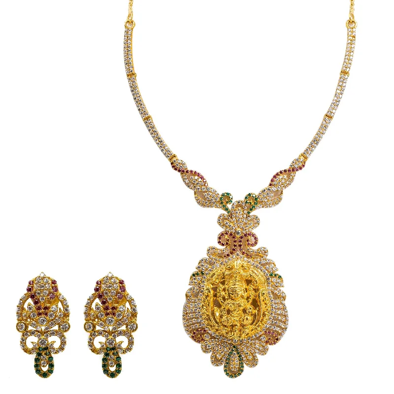 women’s custom-designed necklaces-22K Yellow Gold CZ Necklace & Earrings Set W/ Rubies, Emeralds, CZ Gems & Fully Encrusted Laxmi Pendants