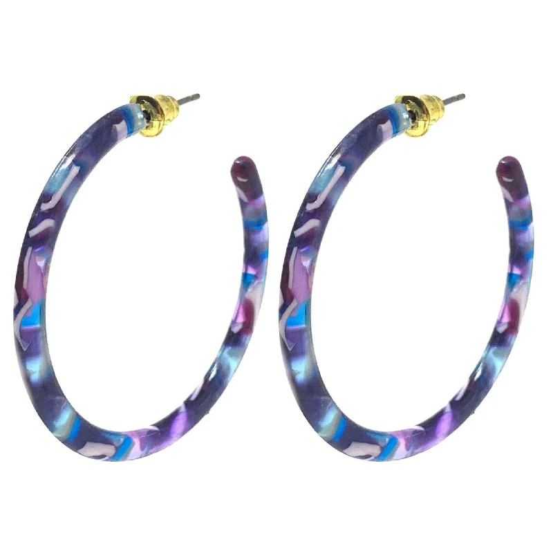 women’s sapphire earrings-Purple & Blue Marbled Resin Hoop Earrings