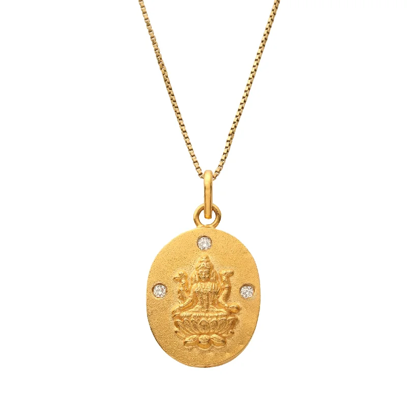 women’s gold-plated pendant necklaces-18kt Gold Lakshmi Pendant Necklace with 3 Diamond Mount