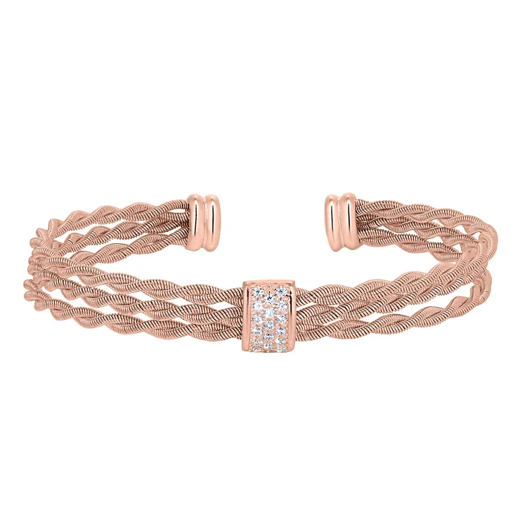 women’s custom bracelets-Rose Gold Finish Sterling Silver Tightly Twisted Three Cable Cuff Bracelet with Central Bar with Simulated Diamonds