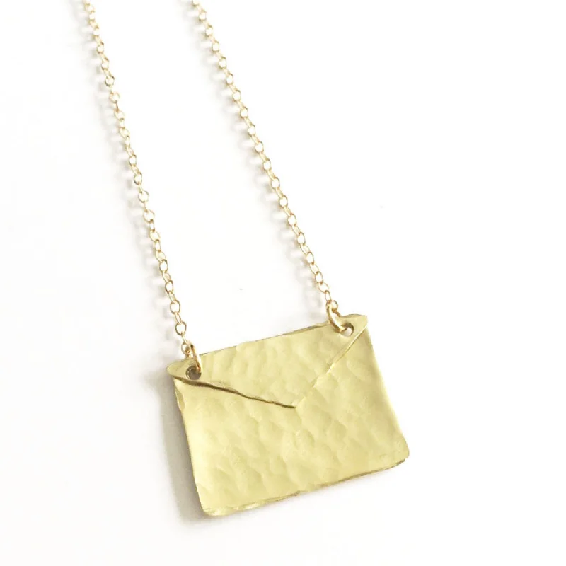 women’s gold necklaces-Hammered Gold Envelope Love Letter Necklace