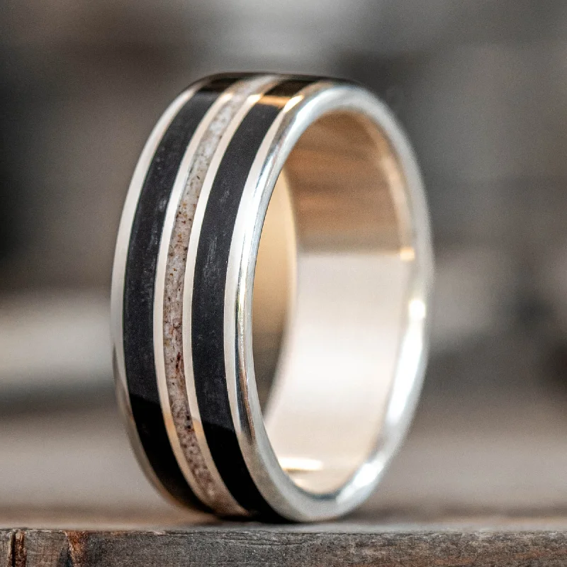 women’s yellow gold engagement rings-The Frontiersman in Silver | Men's Silver Wedding Band with Whiskey Barrel Wood & Elk Antler