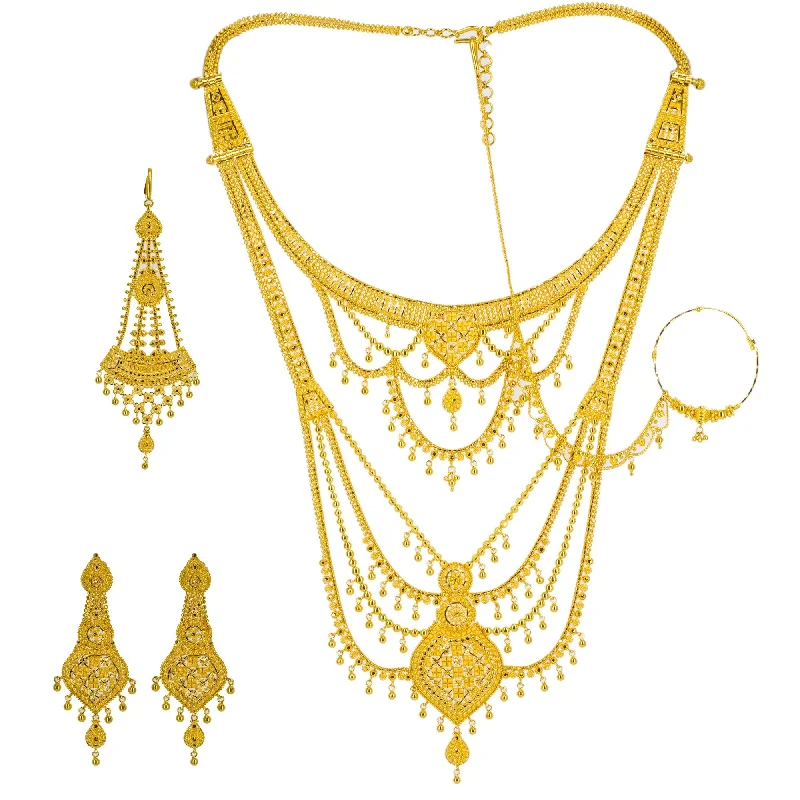 women’s gold-plated necklaces-22K Yellow Gold Long Necklace & Earrings Set W/ Tikka, Nath Nose Ring & Filigree Designs