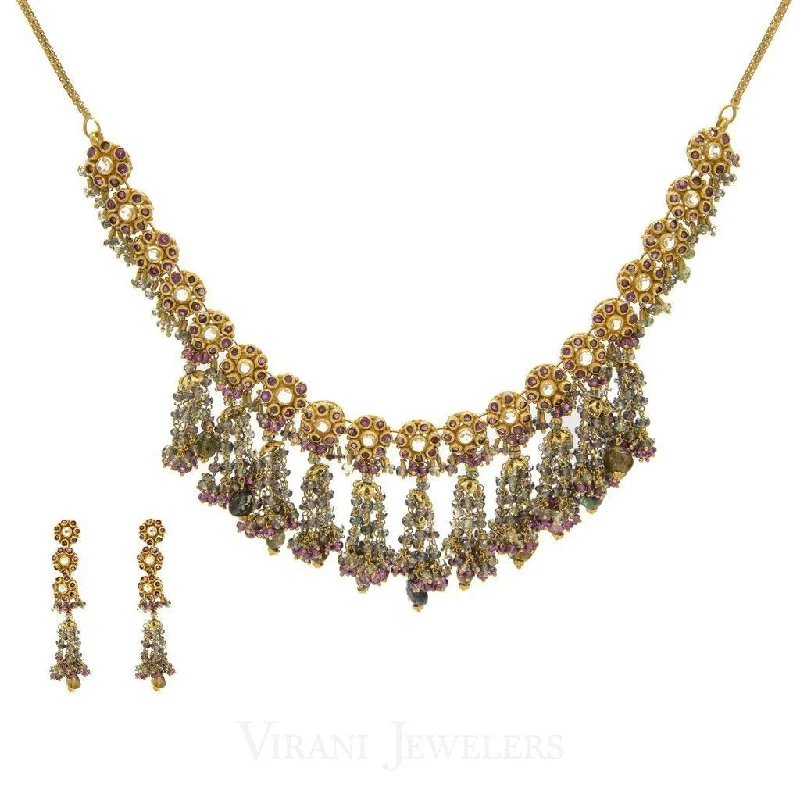 women’s fine necklaces-22K Yellow Gold Necklace and Earrings Set W/ Kundan & Floral Chandelier Design