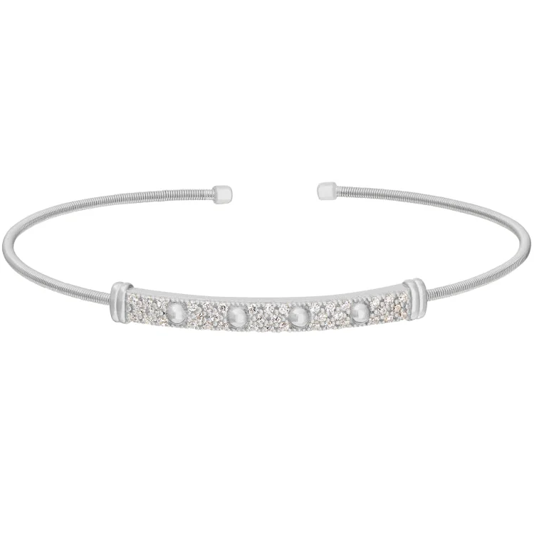 women’s minimalist bangles-Rhodium Finish Sterling Silver Cable Cuff Bracelet with Four Beads & Simulated Diamonds