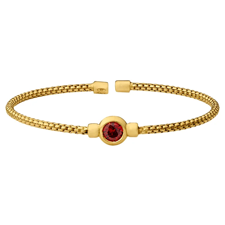 women’s adjustable bracelets-Gold Finish Sterling Silver Rounded Box Link Cuff Bracelet with Bezel Set Simulated Garnet Birth Gem