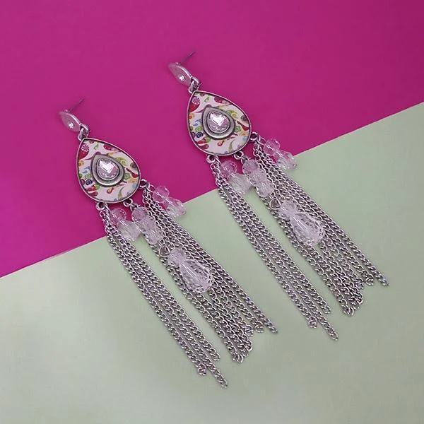 women’s gold chandelier earrings-Urthn Rhodium Plated Pink Stone Chain Drop Tassel Earrings - 1311827F