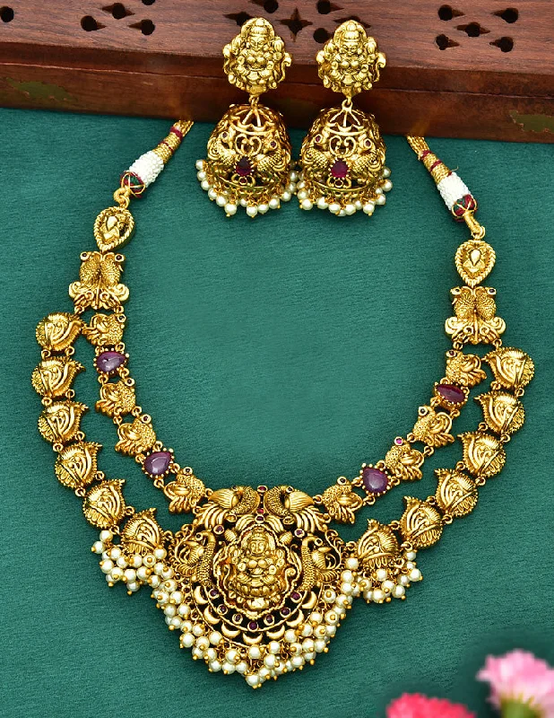 women’s vintage necklaces-2 Layered Designer Antique Kempu Necklace Set