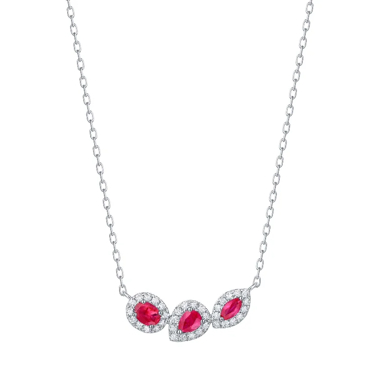 women’s bar necklaces-Three Ruby and Diamond Halo Necklace, 14K White Gold