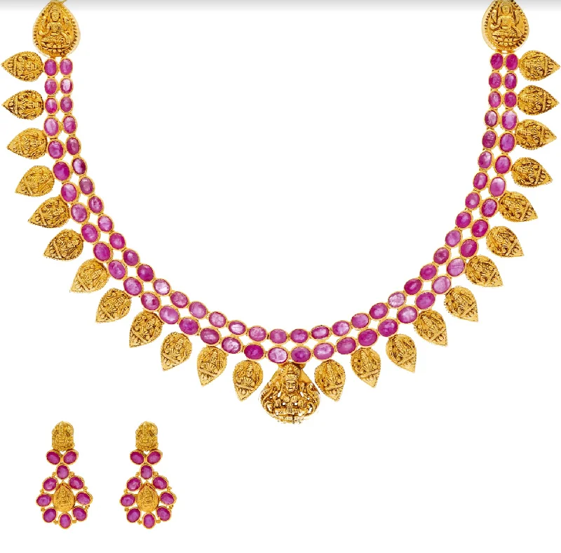 women’s chic necklaces-22K Yellow Gold Laxmi Necklace & Earrings Set W/ Rubies & Teardrop Laxmi Accents