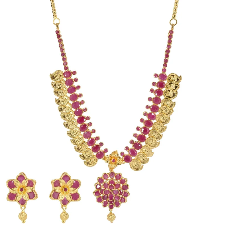 women’s statement necklaces-22K Yellow Gold Floral Kasu Lakshmi Coin Necklace & Earrings Set W/ Rubies