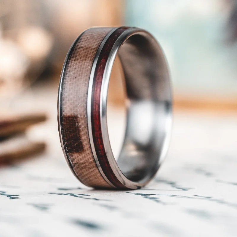 women’s creative engagement rings-The Leatherneck | Men's Titanium Wedding Band with Marine Desert MARPAT Uniform & Bloodwood Inlays