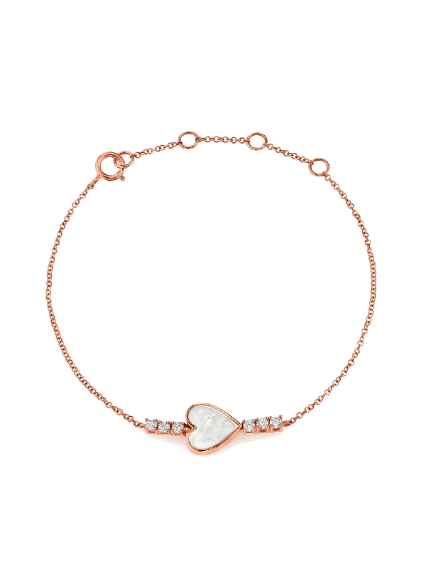 women’s vintage bracelets-Heart Bracelet - White Diamond and Mother of Pearl / 14k Rose Gold