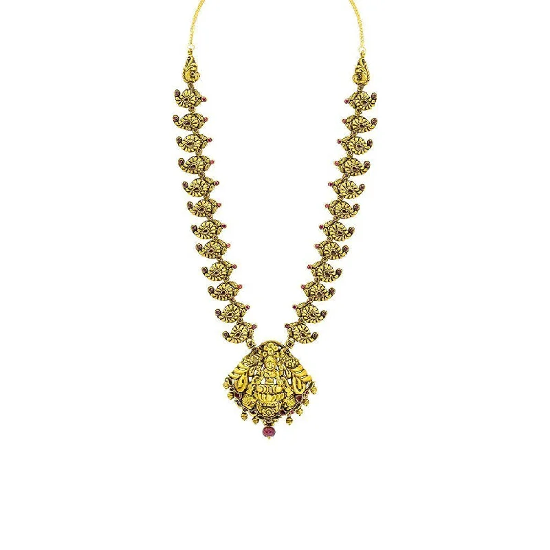 women’s personalized necklaces-22K Yellow Gold Necklace W/ Ruby, Eyelet Laxmi Pendant & Carved Mango Accents