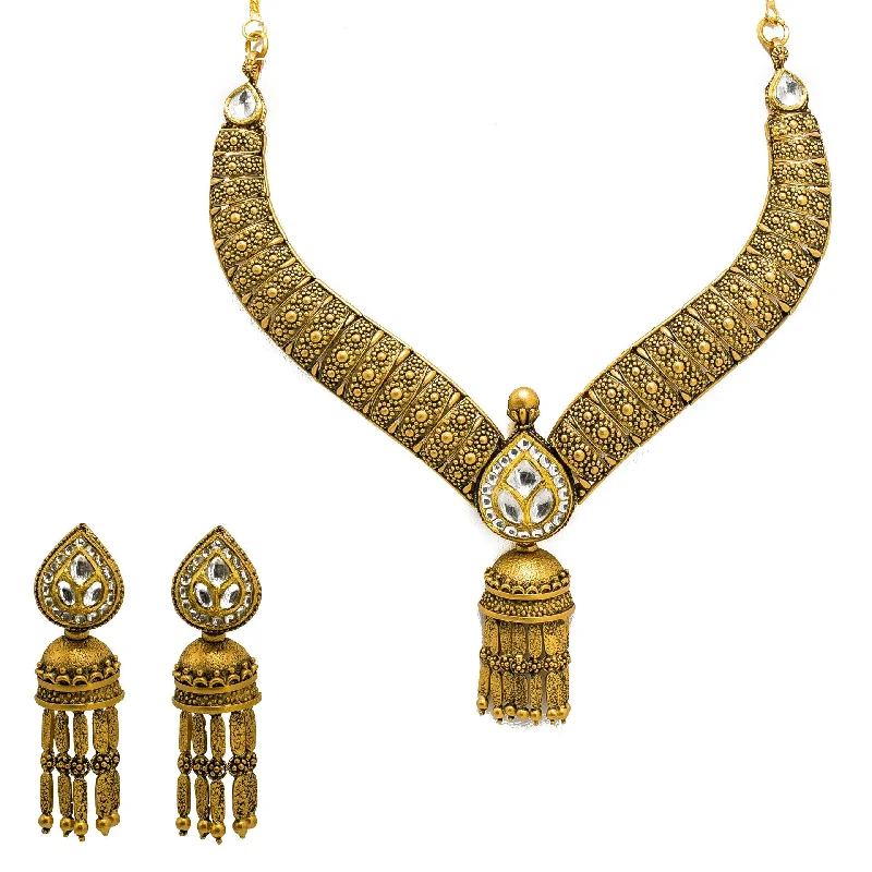 women’s designer necklaces-22K Yellow Gold Necklace & Jhumki Earring Set W/ Kundan on Pear Shape Accents & Raining Jhumki Designs