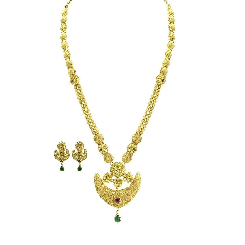 women’s cubic zirconia necklaces-22K Yellow Gold Necklace & Earrings Set W/ Kundan on Anchor Pendants & Thick Beaded Strand