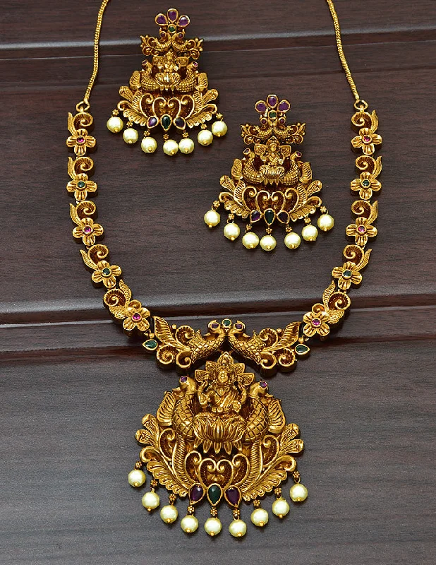 women’s choker necklaces-Designer Antique Lakshmi Devi Kempu Necklace Set